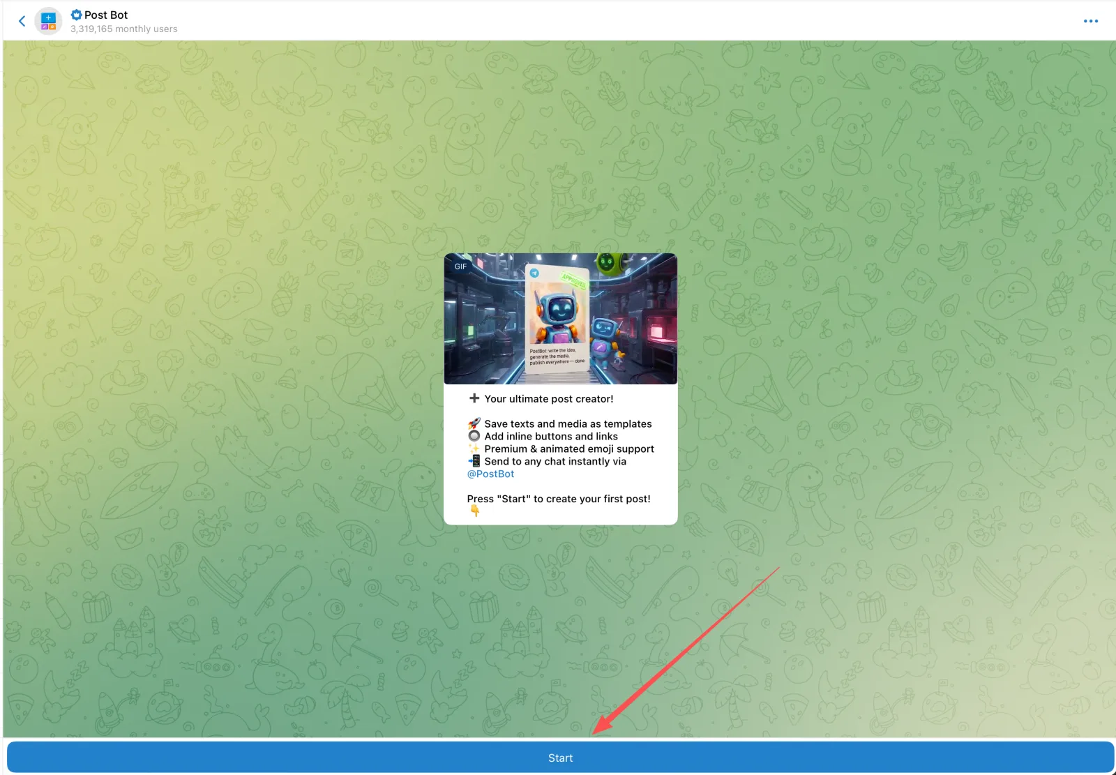 PostBot welcome screen with an arrow pointing to the Start button at the bottom