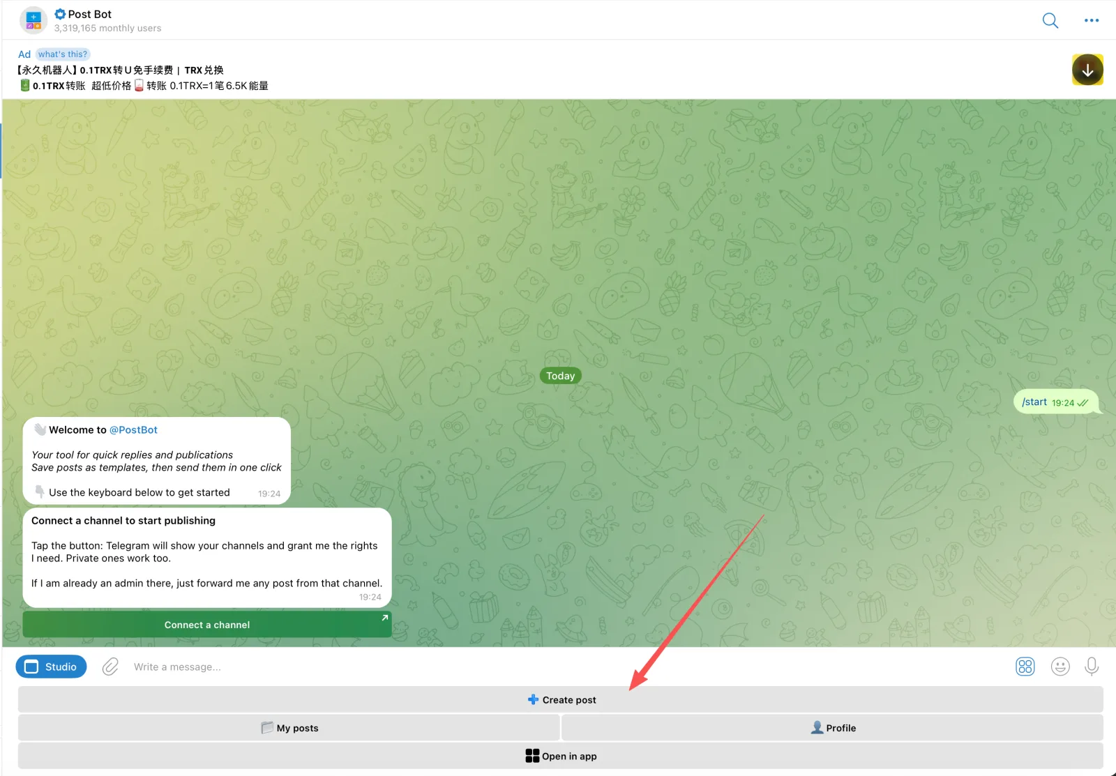 PostBot menu with an arrow pointing to the Create post button