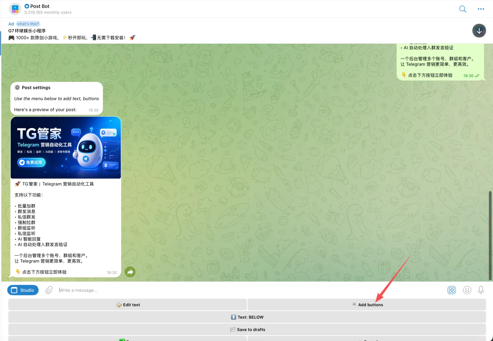 PostBot post preview with an arrow pointing to Add buttons