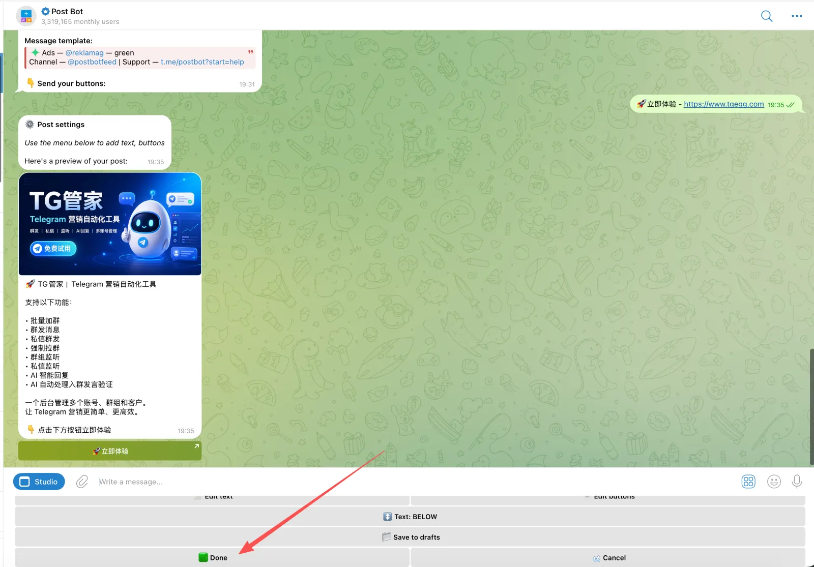 Full PostBot post preview with an arrow pointing to Done
